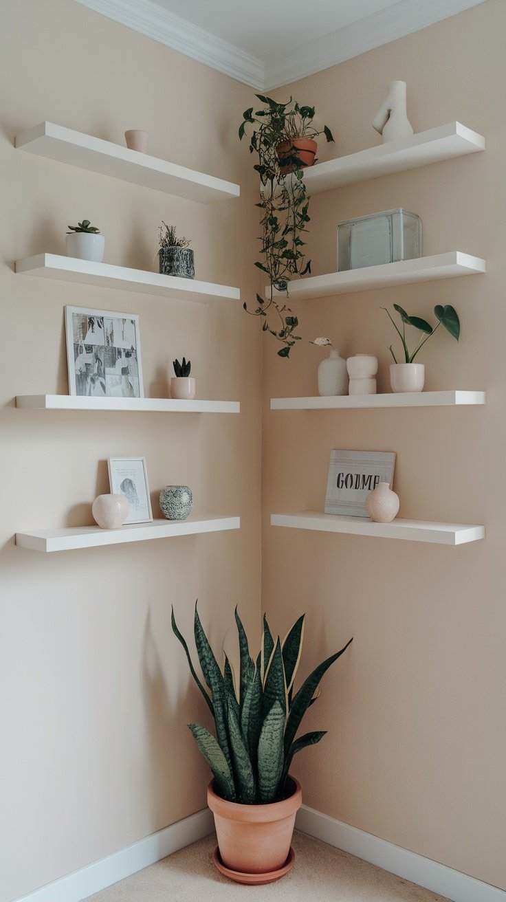 Floating white shelves in a corner with decorative items and plants