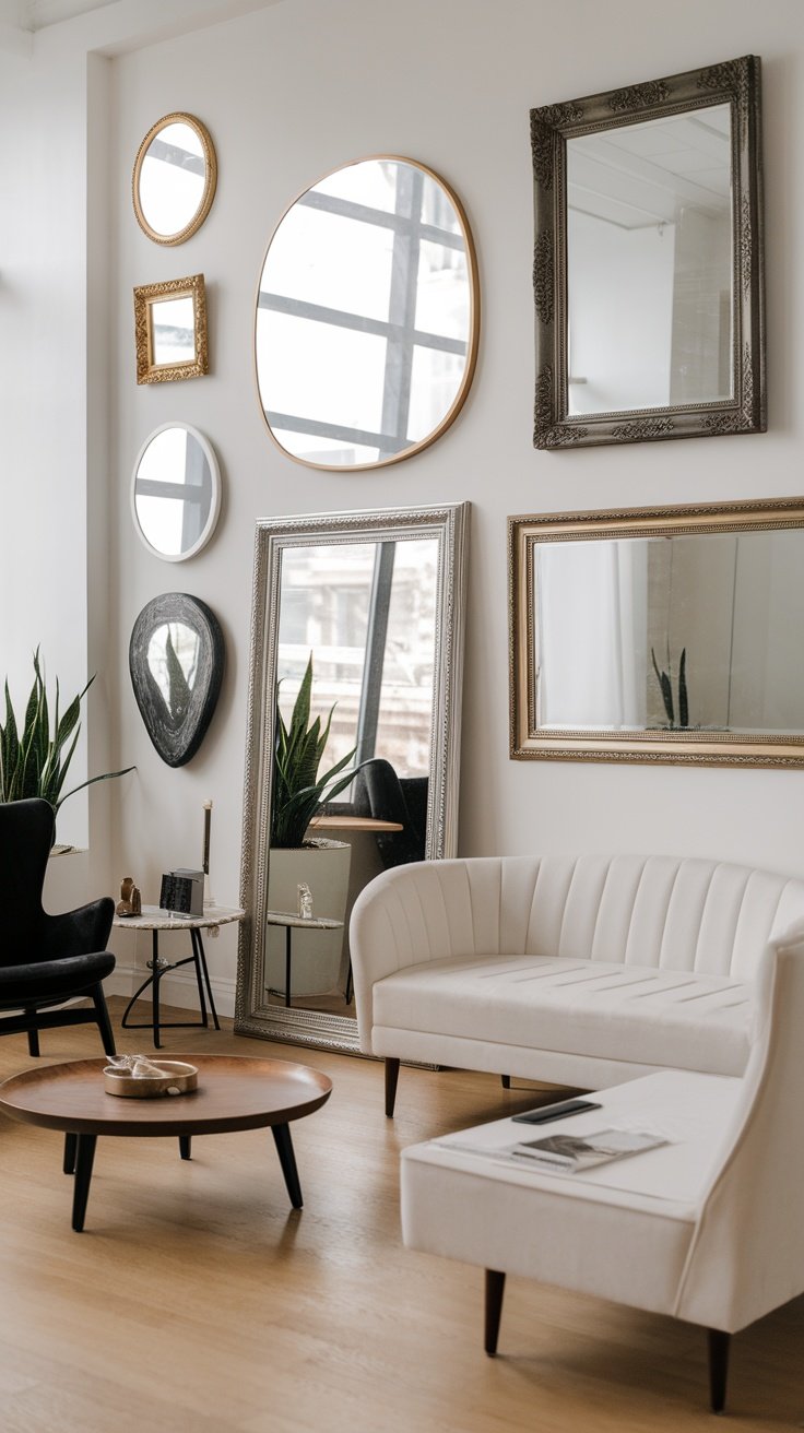 A stylish living room featuring various mirrors on the wall, reflecting light and creating a sense of space.