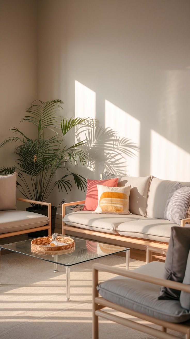 A cozy seating area featuring lightweight furniture with a glass table and greenery.