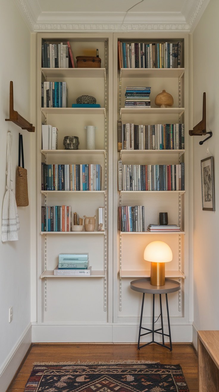 Vertical shelving units filled with books and decorative items in a compact room.