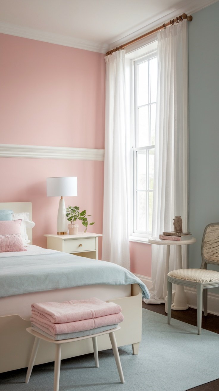 A cozy bedroom with light pink and blue walls, a white bed, and soft pastel decor.