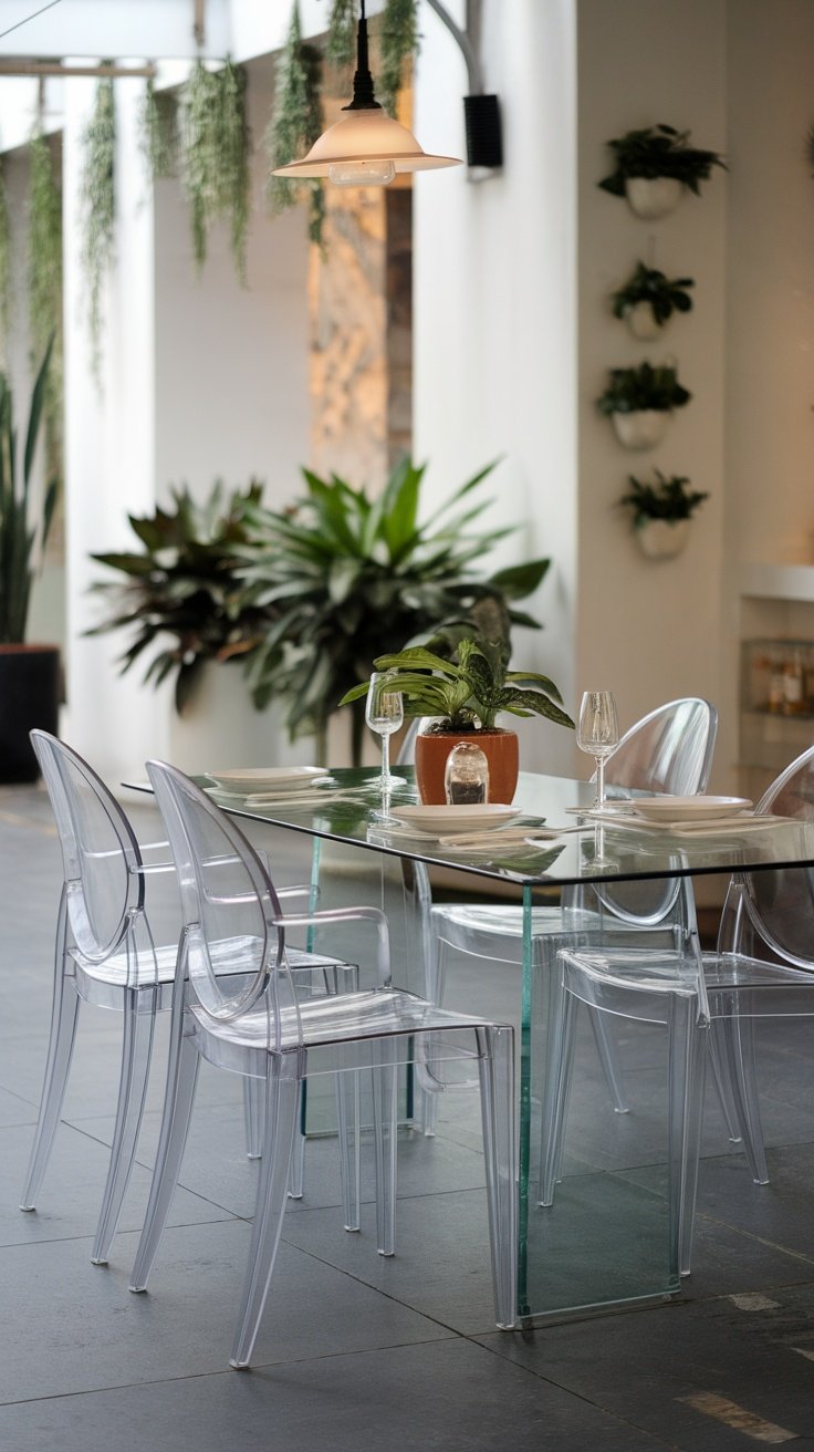 A dining area with transparent chairs and a glass table surrounded by plants.