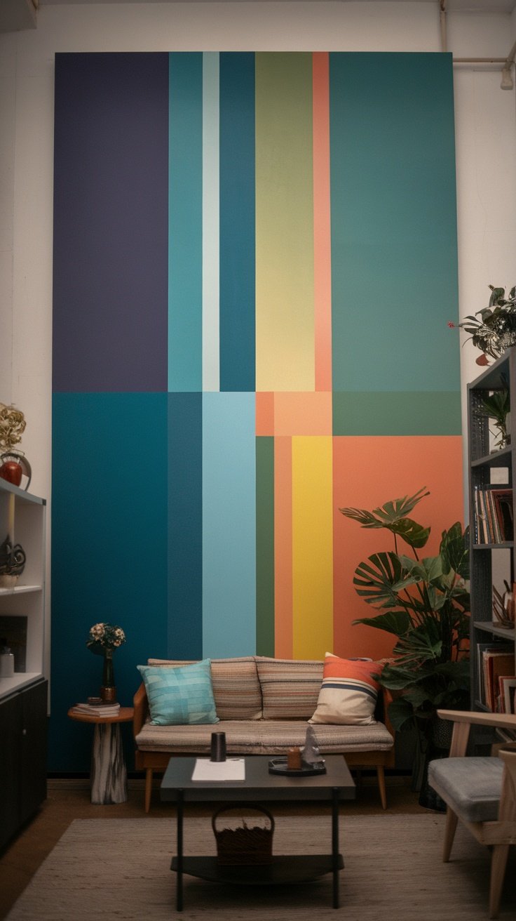 A colorful geometric mural on a wall with a cozy seating area and plants