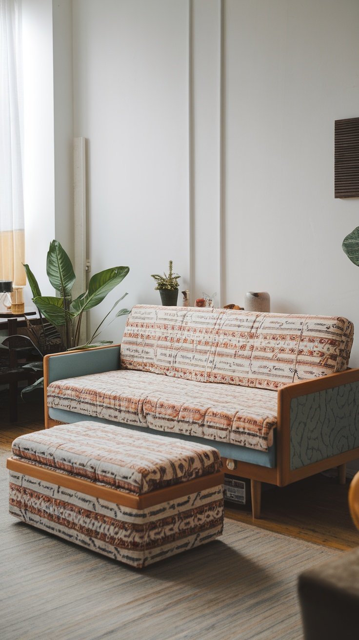 A cozy living room featuring a patterned sofa and storage ottoman.