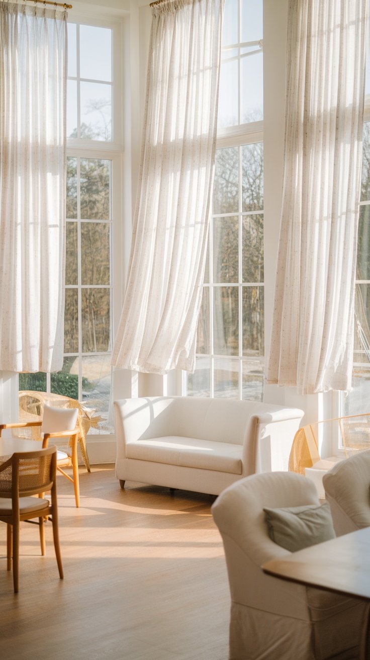 Bright room with large windows and sheer curtains, showcasing natural light and minimalistic furniture.